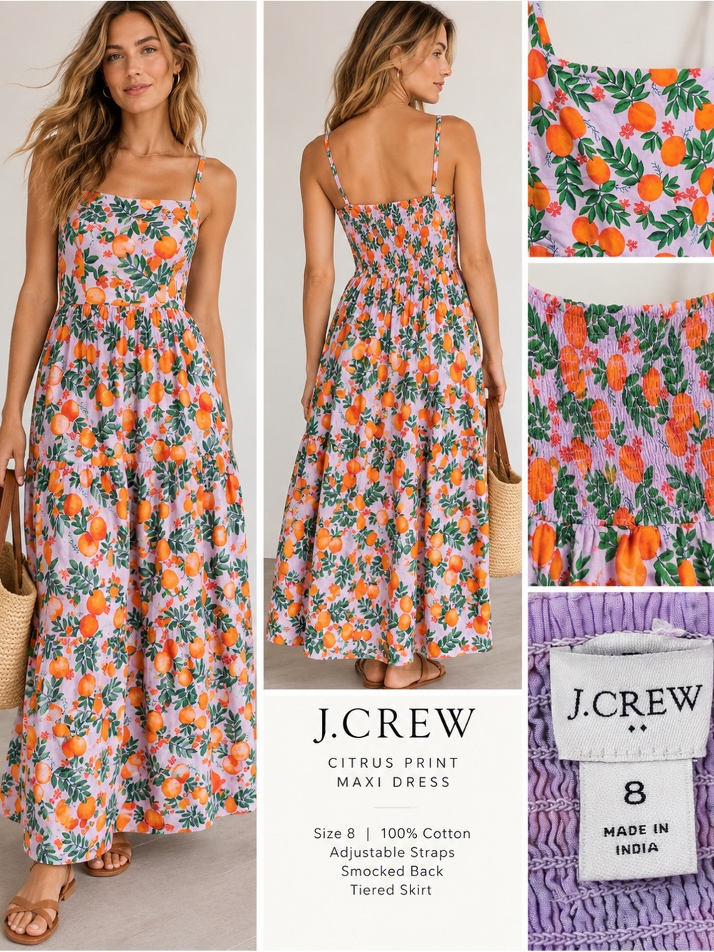 J.Crew Orange Citrus Print Smocked Back Tiered Maxi Dress – Size 8